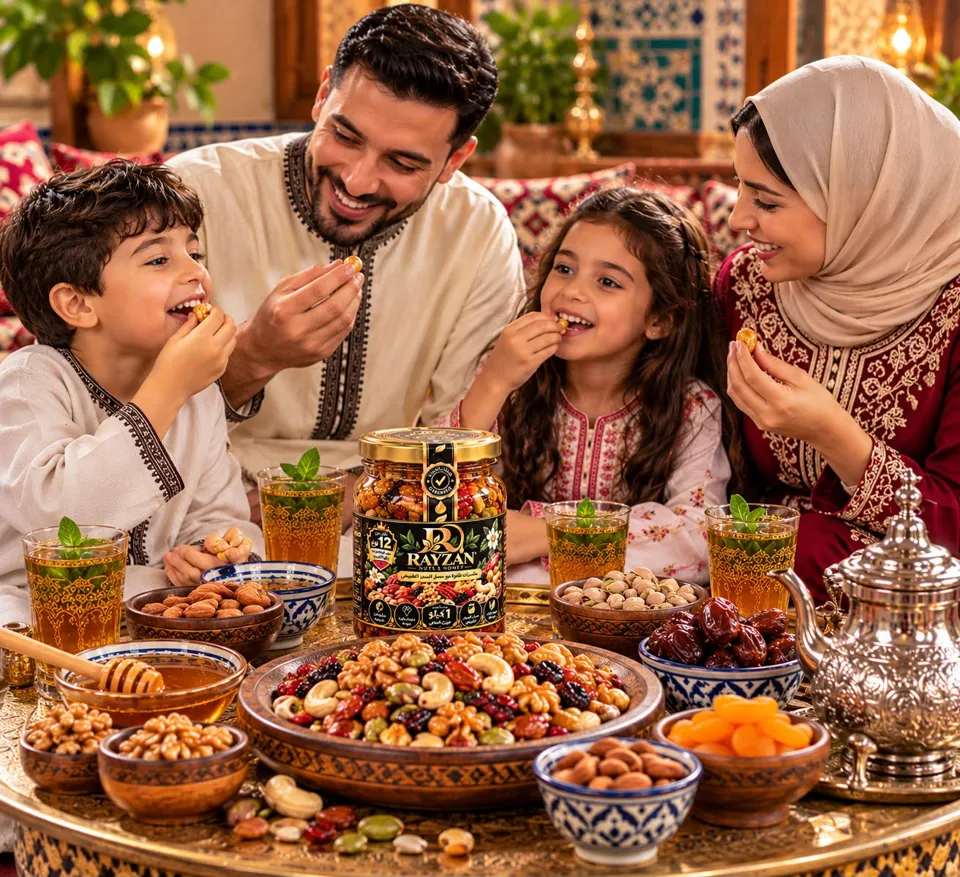 صورة عائلية لمنتج RAYZAN من المكسرات مع عسل السدر الطبيعي